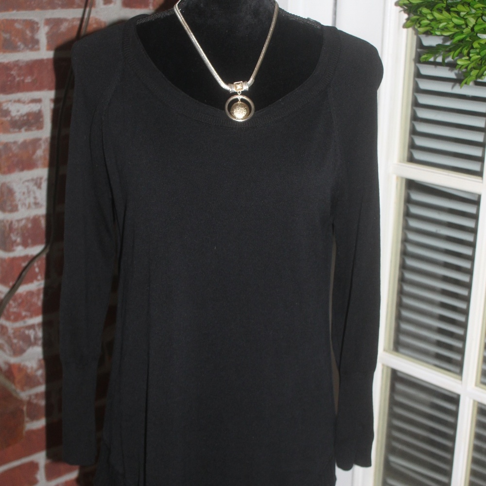 Cupio Black Tunic Sweater Sheer Fabric Textured Hem Long sleeve size Large EUC…